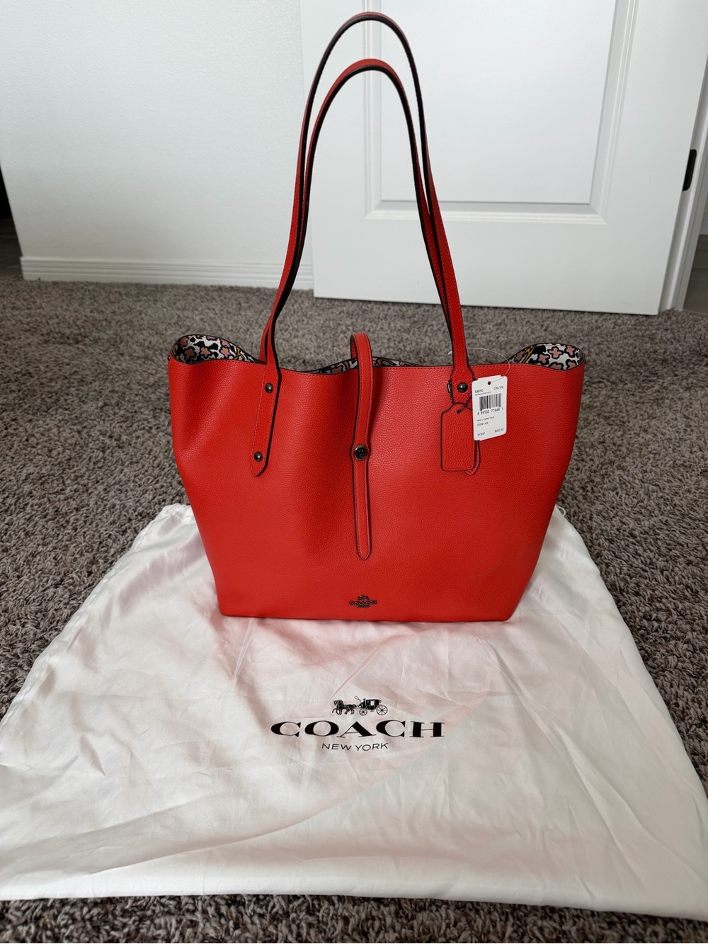 Coach Red Leather Tote with Floral Interior Trim
